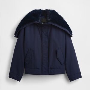 GAP Studio Women's Dark Blue Bomber Jacket with Faux Fur Trim